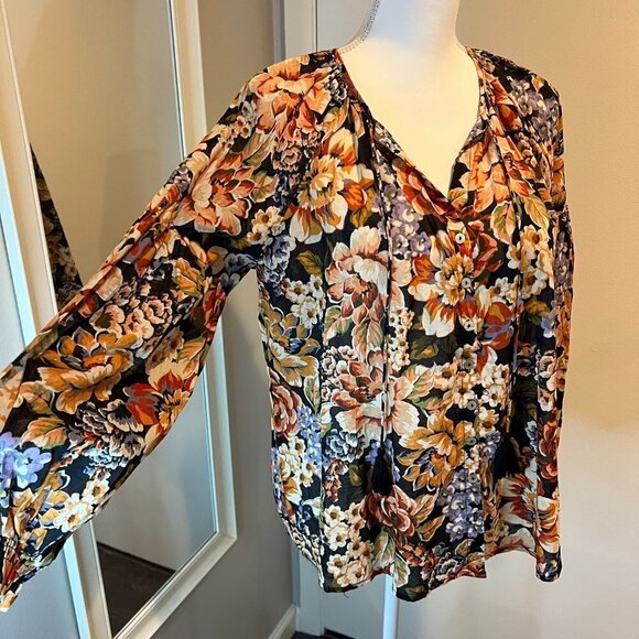 Olivaceous floral 100% cotton peasant blouse w tassels, Size Medium - Picture 5 of 15